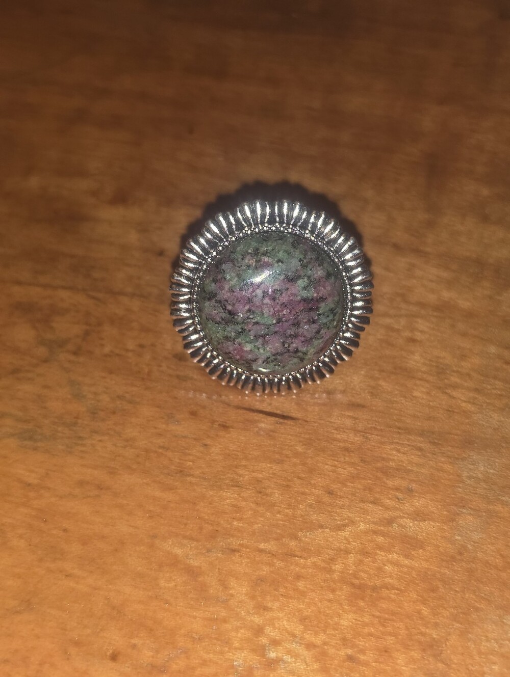 Ruby Zoisite Gemstone In Silver Tone Bezep, Unisex Adjustable Ring